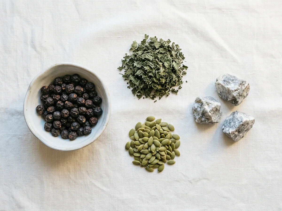 Saw palmetto berries, dried nettle leaves and zinc - plant-based ingredients in men's wellness supplement Alpha Drive